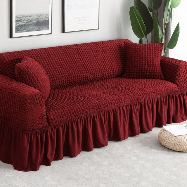Burgundy Ruffled Skirt Couch Cover Slipcover