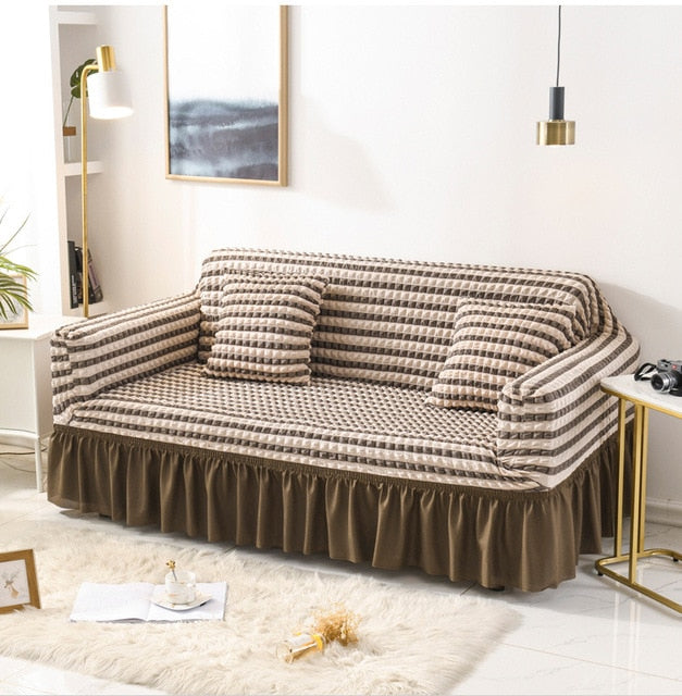 Brown Ruffled Skirt Couch Cover Slipcover