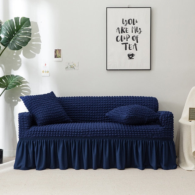 Navy Ruffled Skirt Couch Cover Slipcover