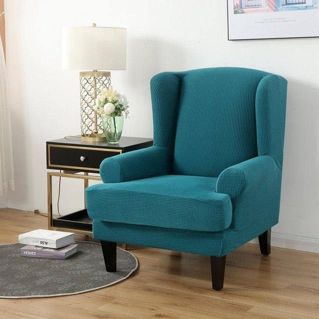 Peacock Blue Jacquard Wingback Chair Cover Slipcover