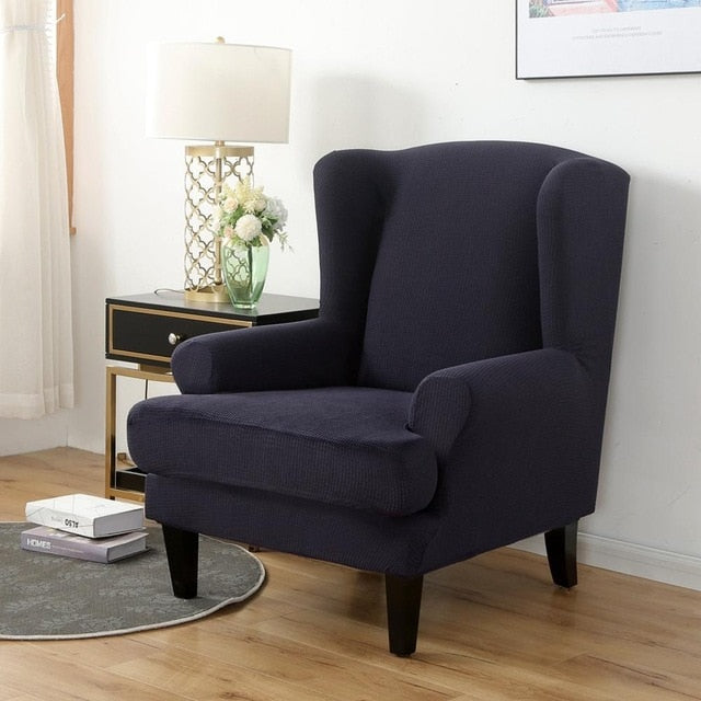 Navy Jacquard Wingback Chair Cover Slipcover