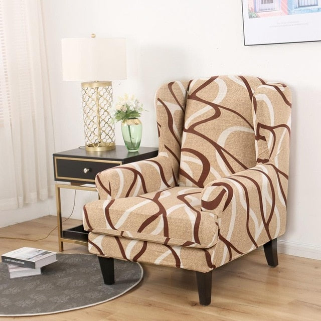 Brown Lines Wingback Chair Cover Slipcover