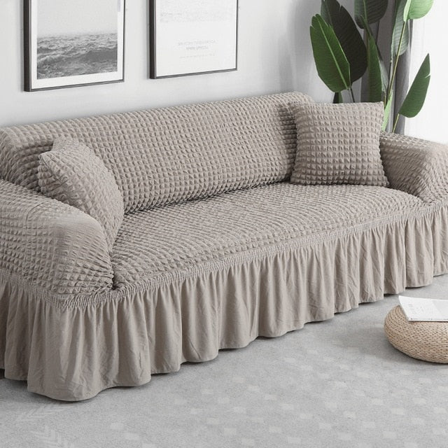 Beige Ruffled Skirt Couch Cover Slipcover