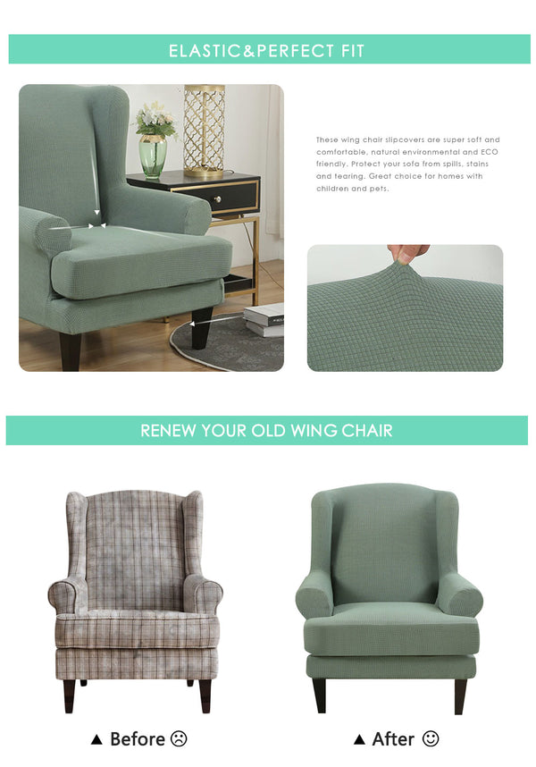 Mint Green Jacquard Wingback Chair Cover Slipcover - shopcouchcovers.com