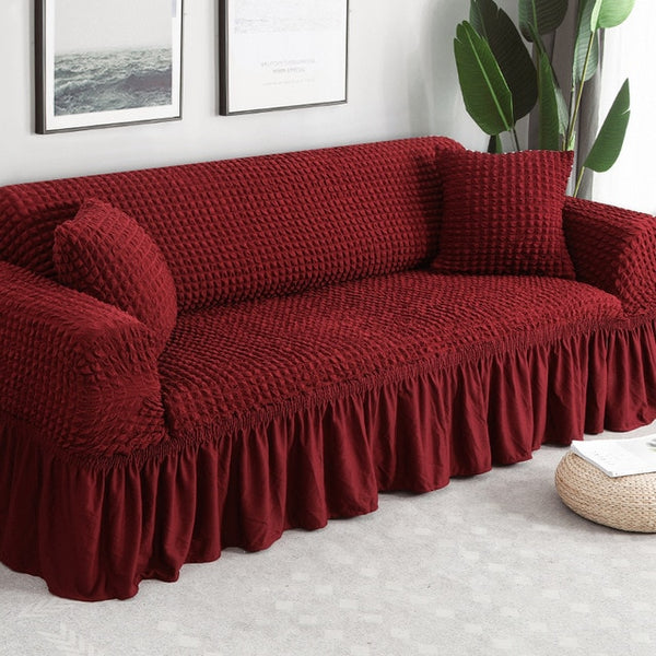 Burgundy Ruffled Skirt Couch Cover Slipcover - shopcouchcovers.com