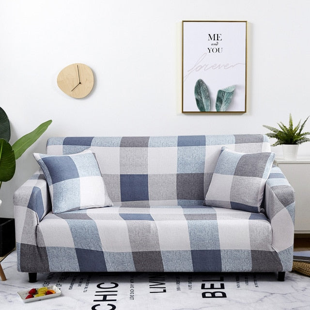 Grey Blue Plaid Sofa Couch Cover Slipcover