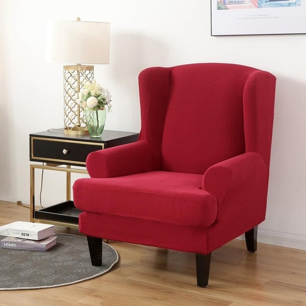 Red Jacquard Wingback Chair Cover Slipcover - shopcouchcovers.com