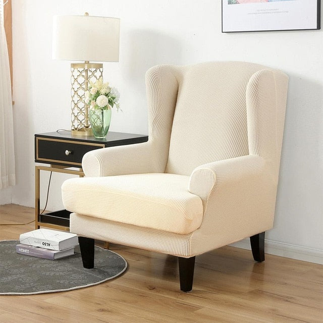 Beige Jacquard Wingback Chair Cover Slipcover