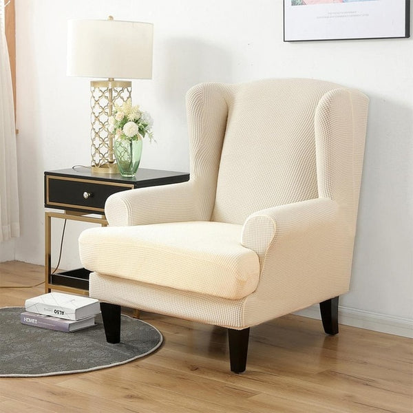 Beige Jacquard Wingback Chair Cover Slipcover - shopcouchcovers.com