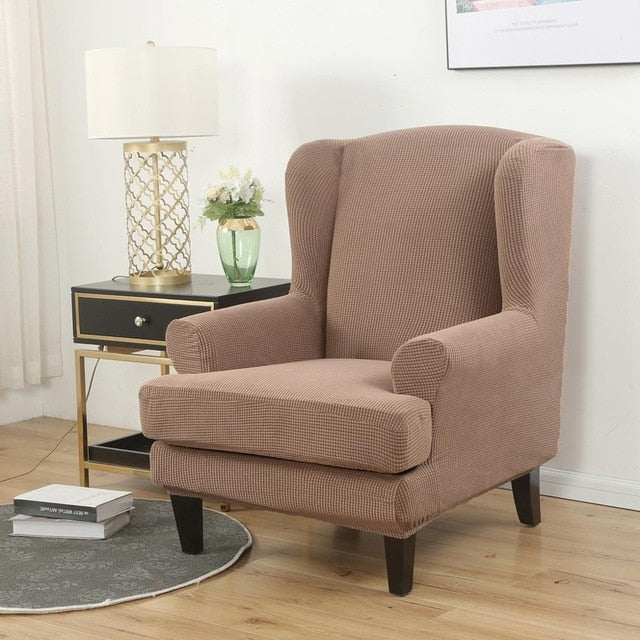 Wood Brown Jacquard Wingback Chair Cover Slipcover