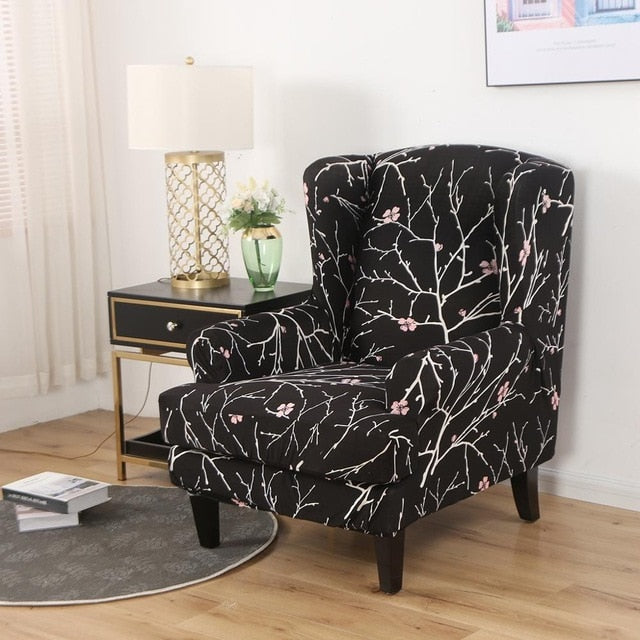 Black Flower Wingback Chair Cover Slipcover