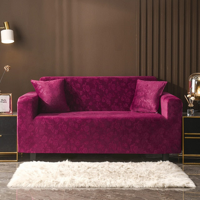 Wine Red Floral Velvet Sofa Couch Cover
