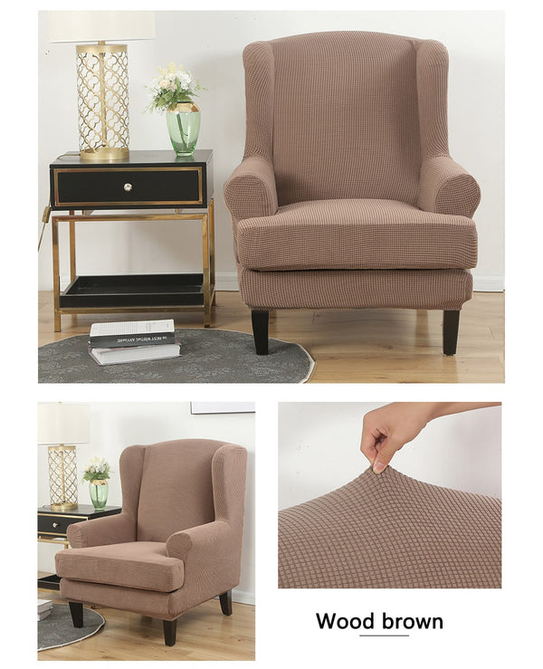 Wood Brown Jacquard Wingback Chair Cover Slipcover - shopcouchcovers.com