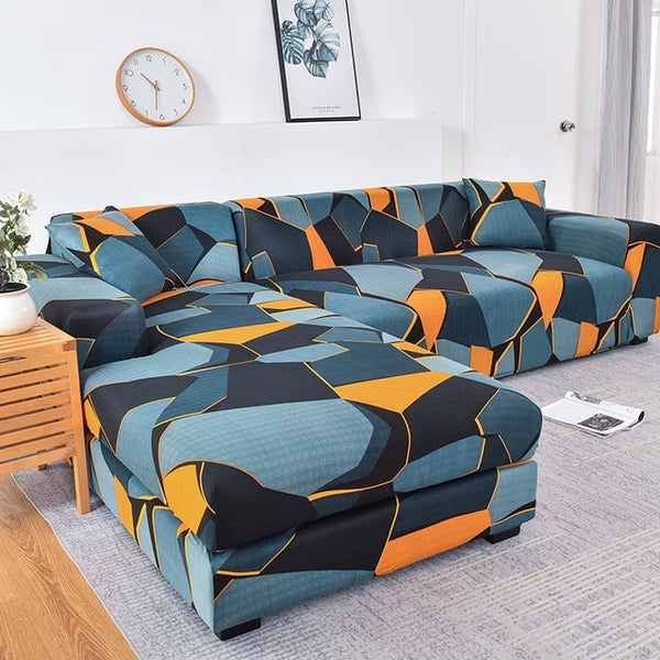 Crayford Blue Orange Sectional L-shaped Couch Cover - shopcouchcovers.com